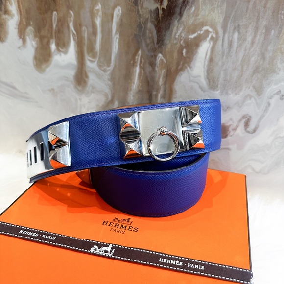 Hermes Blue Electrique Epsom Leather Medor Silver Belt Sz 85 Collier De Chien main image 10